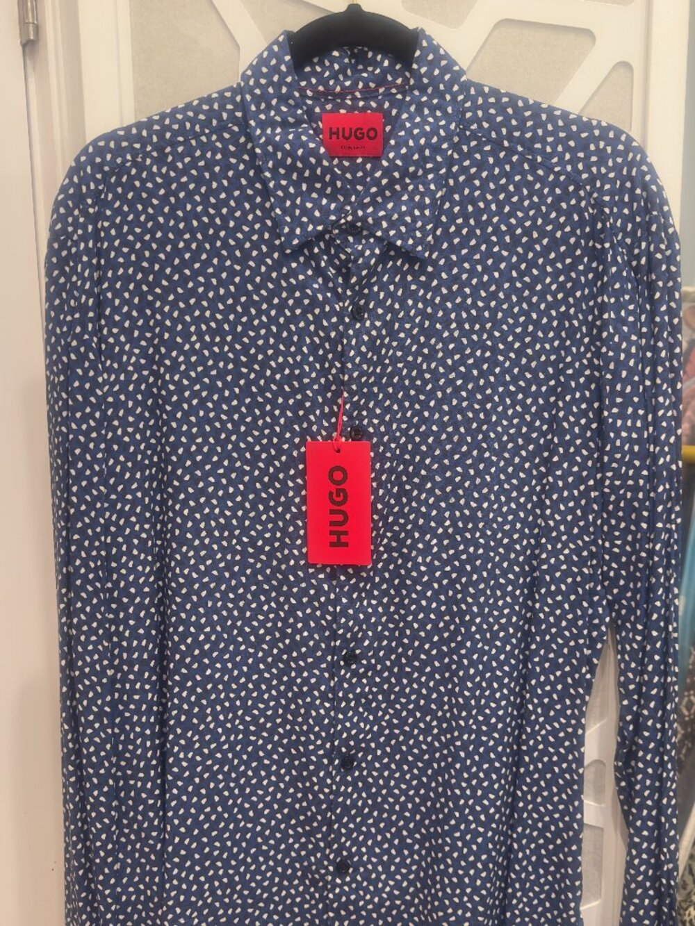 NWT HUGO by Hugo Boss Ermo Slim Fit Shirt Navy White Print Viscose (XL)